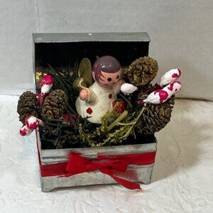 VTG Christmas Angel in Metal Trunk Pinecones Ornament Red Ribbon 2"x1.25"x2.5"